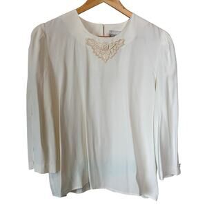 Vintage 80s S.L. Petites Blouse 12 White Lace Applique Jewel Neck Made USA Boho
